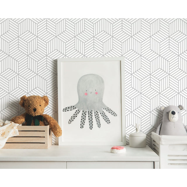 Stripped Hexagon Grey Peel & Stick Wallpaper with Metallic Accents, Modern Global Stripe Geometric - York RMK10705WP