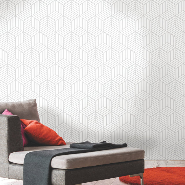 Stripped Hexagon Grey Peel & Stick Wallpaper with Metallic Accents, Modern Global Stripe Geometric - York RMK10705WP