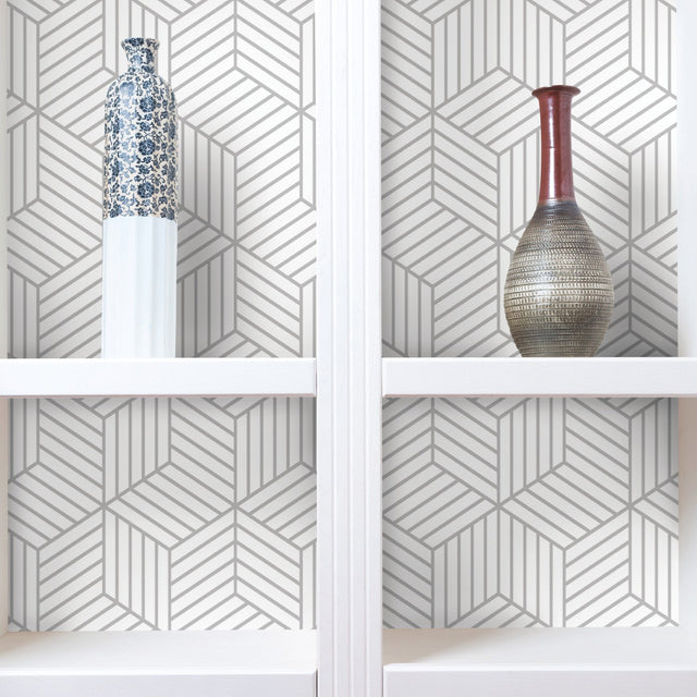 Stripped Hexagon Grey Peel & Stick Wallpaper with Metallic Accents, Modern Global Stripe Geometric - York RMK10705WP
