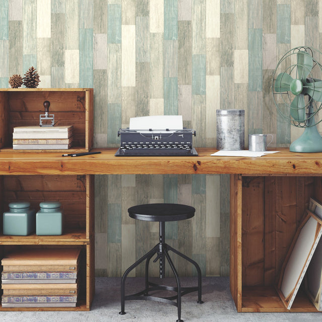 Coastal Weathered Plank Blue Peel & Stick Wallpaper with Coastal Wood Look - York RMK10840WP