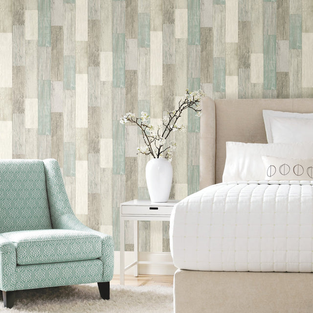 Coastal Weathered Plank Blue Peel & Stick Wallpaper with Coastal Wood Look - York RMK10840WP