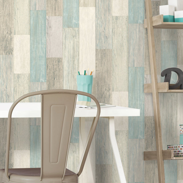 Coastal Weathered Plank Blue Peel & Stick Wallpaper with Coastal Wood Look - York RMK10840WP