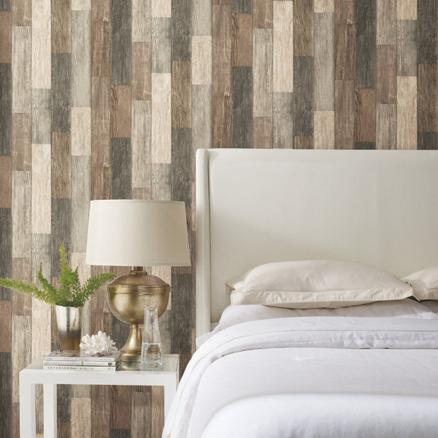Dark Weathered Plank Brown Peel & Stick Wallpaper with Rustic Wood Look - York RMK10841WP