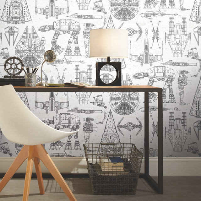 Star Wars Blueprint Blue Peel & Stick Wallpaper with Toile Blueprint Motif - York RMK11036WP