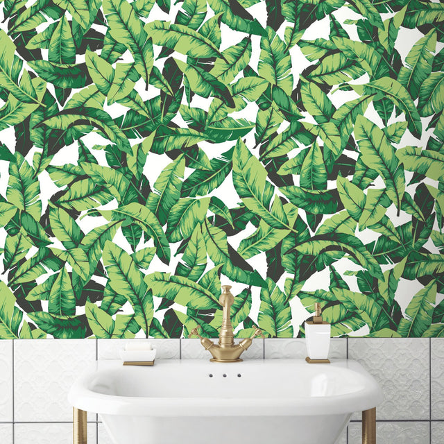 Palm Leaf Green Peel & Stick Wallpaper with Tropical Nature Leaves Pattern - York RMK11045WP