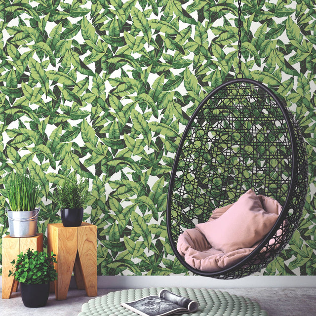 Palm Leaf Green Peel & Stick Wallpaper with Tropical Nature Leaves Pattern - York RMK11045WP