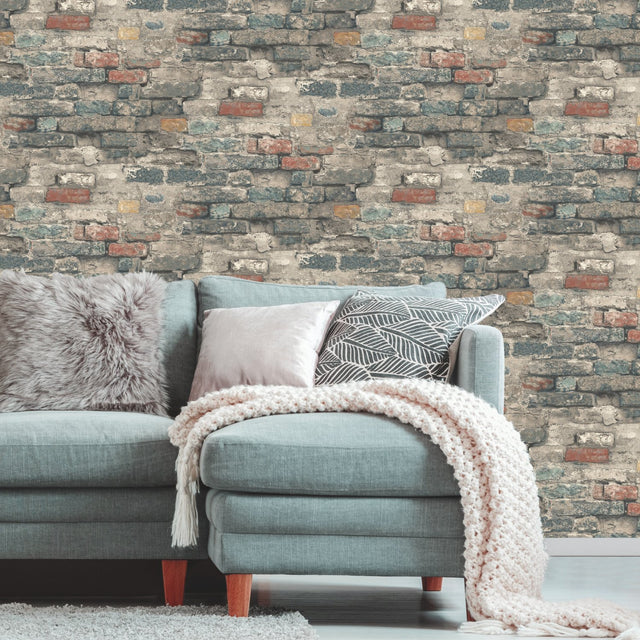 Brick Alley Blue Peel & Stick Wallpaper with Industrial Exposed Brick Pattern - York RMK11080WP