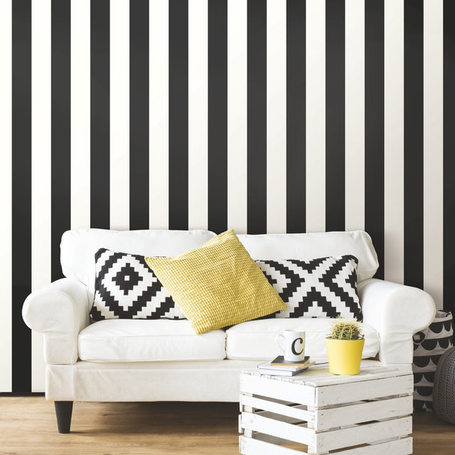 Awning Stripe Black Peel & Stick Wallpaper with Traditional Global Stripes Pattern - York RMK11082WP