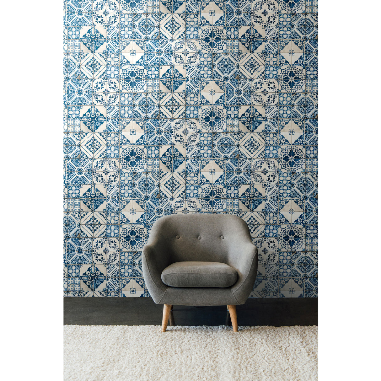 Mediterranean Tile Blue by RoomMates Global Modern Peel and Stick Vinyl Wallpaper, 20.5 In x 16.5 Ft, About 28.2 Sq Ft Coverage RMK11083WPZ