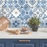 Mediterranean Tile Blue by RoomMates Global Modern Peel and Stick Vinyl Wallpaper, 20.5 In x 16.5 Ft, About 28.2 Sq Ft Coverage RMK11083WPZ
