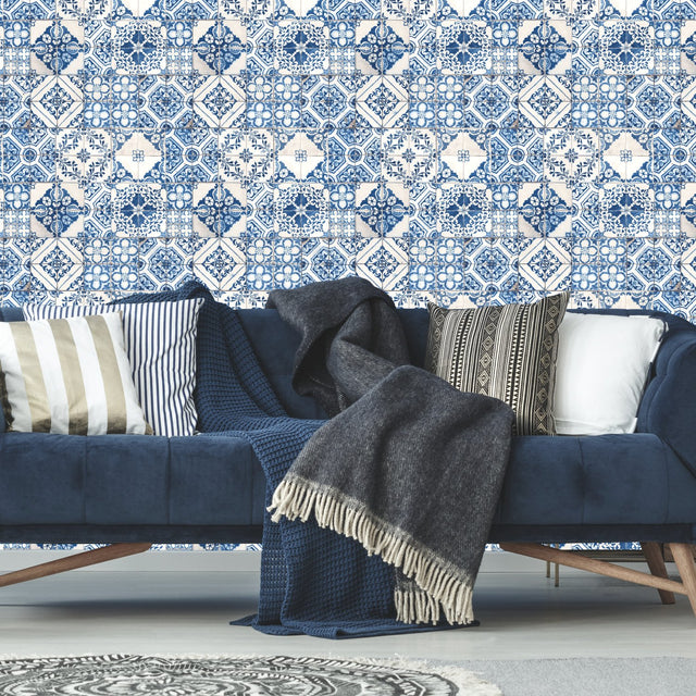 Mediterranean Tile Blue Peel & Stick Wallpaper with Global Modern Tiles Pattern - York RMK11083WP