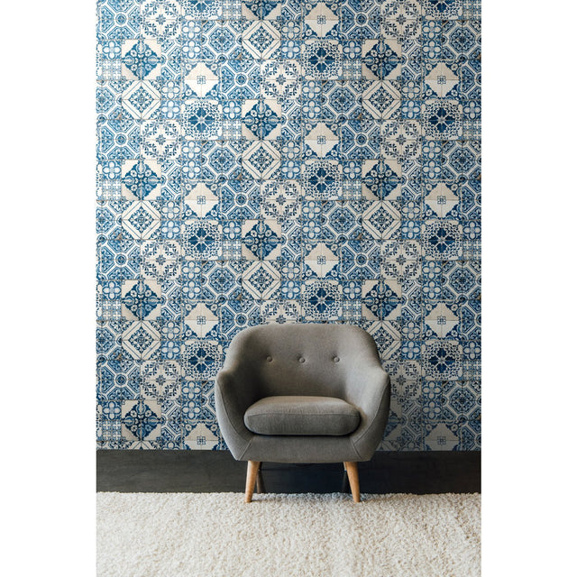 Mediterranean Tile Blue Peel & Stick Wallpaper with Global Modern Tiles Pattern - York RMK11083WP