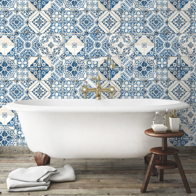 Mediterranean Tile Blue Peel & Stick Wallpaper with Global Modern Tiles Pattern - York RMK11083WP