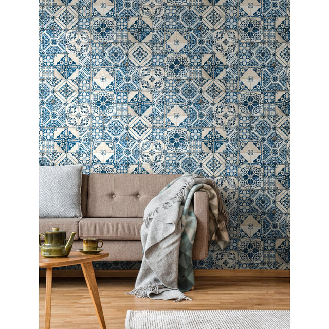 Mediterranean Tile Blue Peel & Stick Wallpaper with Global Modern Tiles Pattern - York RMK11083WP