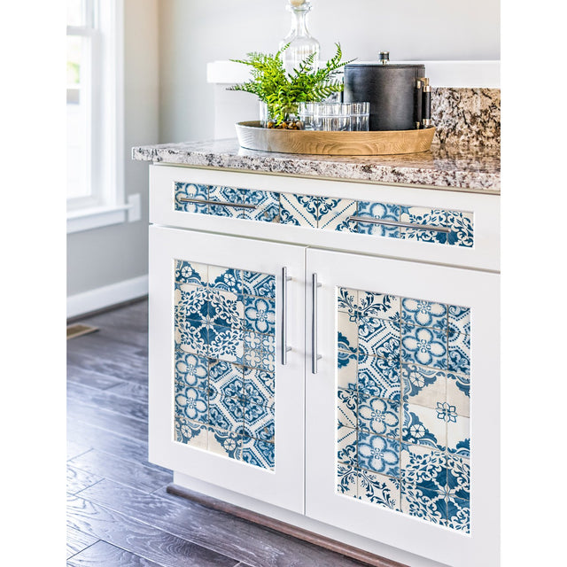 Mediterranean Tile Blue Peel & Stick Wallpaper with Global Modern Tiles Pattern - York RMK11083WP