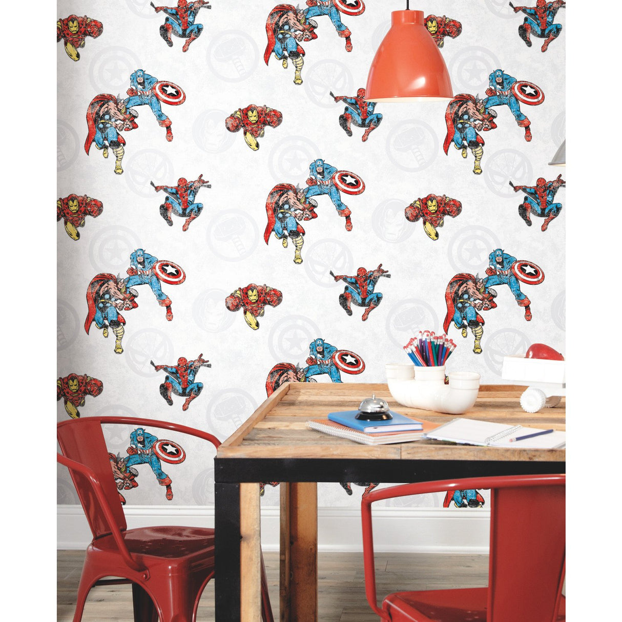 Avengers Classic Red Peel & Stick Wallpaper with Vintage Superhero Motif - York RMK11167RL