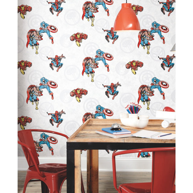 Avengers Classic Red Peel & Stick Wallpaper with Vintage Superhero Motif - York RMK11167RL