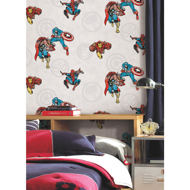 Avengers Classic Red Peel & Stick Wallpaper with Vintage Superhero Motif - York RMK11167RL