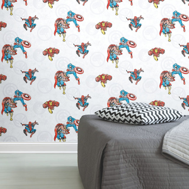 Avengers Classic Red Peel & Stick Wallpaper with Vintage Superhero Motif - York RMK11167RL