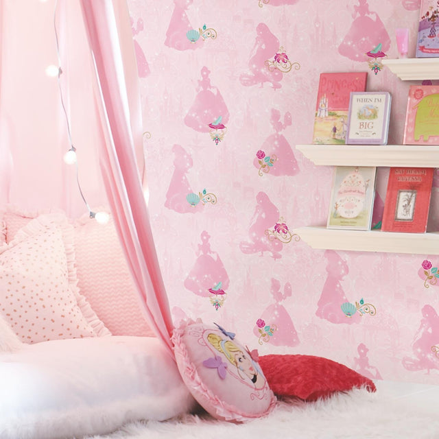 Disney Princess Pink Peel & Stick Wallpaper with Whimsical Novelty Princess Silhouettes - York RMK11170RL