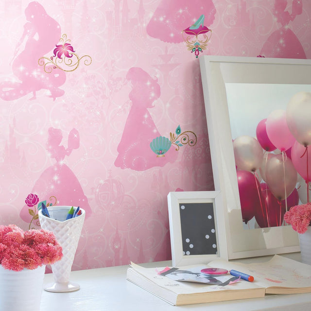 Disney Princess Pink Peel & Stick Wallpaper with Whimsical Novelty Princess Silhouettes - York RMK11170RL