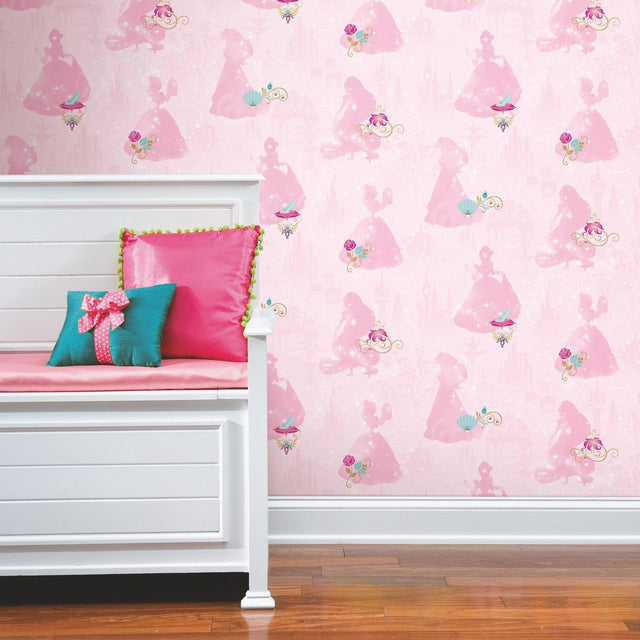 Disney Princess Pink Peel & Stick Wallpaper with Whimsical Novelty Princess Silhouettes - York RMK11170RL