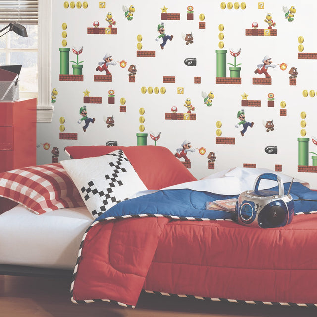 Mario Red Peel & Stick Wallpaper with Super Mario Characters Motif - York RMK11189RL