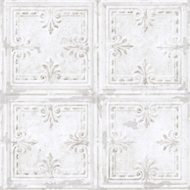 Tin Tile White Peel & Stick Wallpaper with Metallic Industrial Tile Pattern - York RMK11209WP