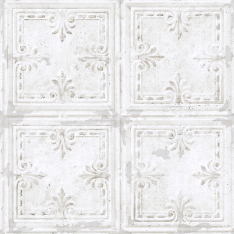 Tin Tile White Peel and Stick Wallpaper by RoomMates RMK11209WPZ - Industrial Vinyl Tile Pattern