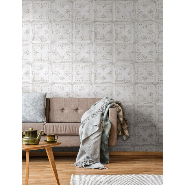 Tin Tile White Peel & Stick Wallpaper with Metallic Industrial Tile Pattern - York RMK11209WP