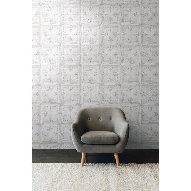 Tin Tile White Peel & Stick Wallpaper with Metallic Industrial Tile Pattern - York RMK11209WP