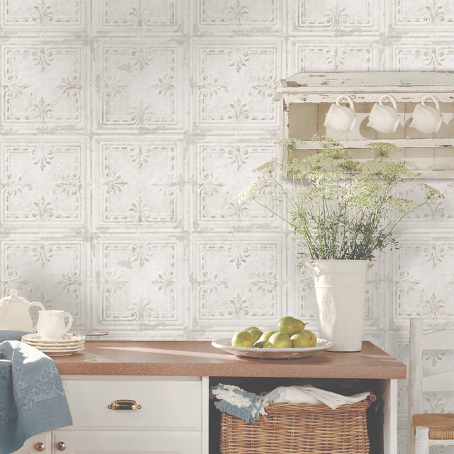 Tin Tile White Peel & Stick Wallpaper with Metallic Industrial Tile Pattern - York RMK11209WP