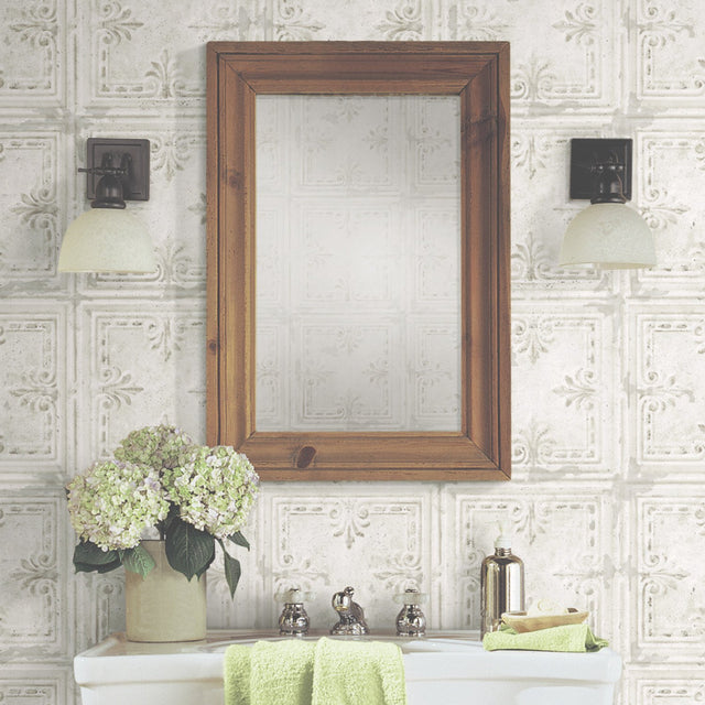 Tin Tile White Peel & Stick Wallpaper with Metallic Industrial Tile Pattern - York RMK11209WP