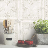 Tin Tile White Peel & Stick Wallpaper with Metallic Industrial Tile Pattern - York RMK11209WP