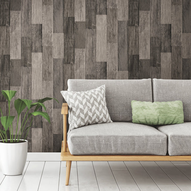 Weathered Wood Plank Black Peel & Stick Wallpaper with Rustic Wood Plank Pattern - York RMK11210WP