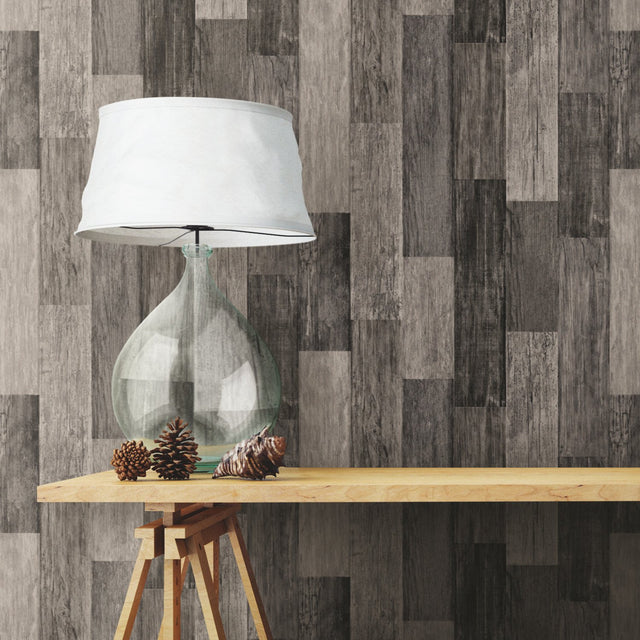 Weathered Wood Plank Black Peel & Stick Wallpaper with Rustic Wood Plank Pattern - York RMK11210WP