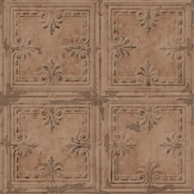 Copper Tin Tile Copper Peel & Stick Wallpaper with Metallic Industrial Tile Pattern - York RMK11231WP