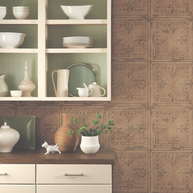 Copper Tin Tile Copper Peel & Stick Wallpaper with Metallic Industrial Tile Pattern - York RMK11231WP