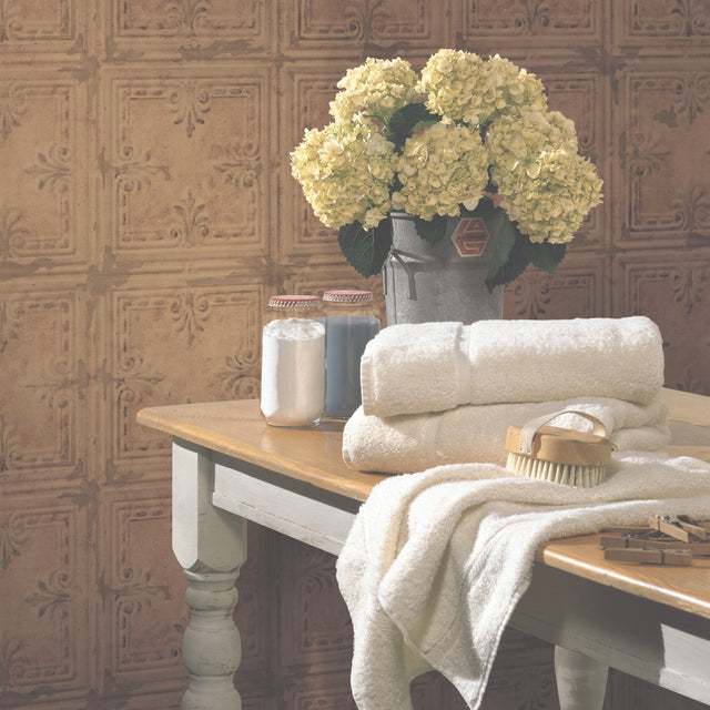Copper Tin Tile Copper Peel & Stick Wallpaper with Metallic Industrial Tile Pattern - York RMK11231WP
