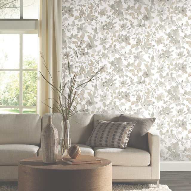 Watercolor Floral Tan Peel & Stick Wallpaper with Botanical Floral Pattern, Transitional Style - York RMK11235WP