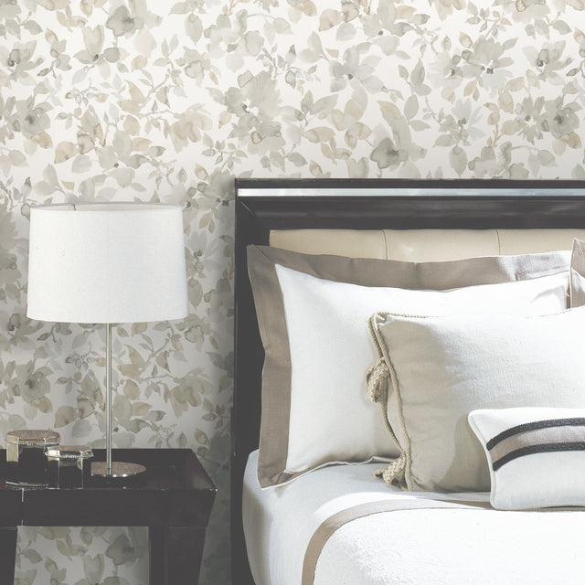 Watercolor Floral Tan Peel & Stick Wallpaper with Botanical Floral Pattern, Transitional Style - York RMK11235WP