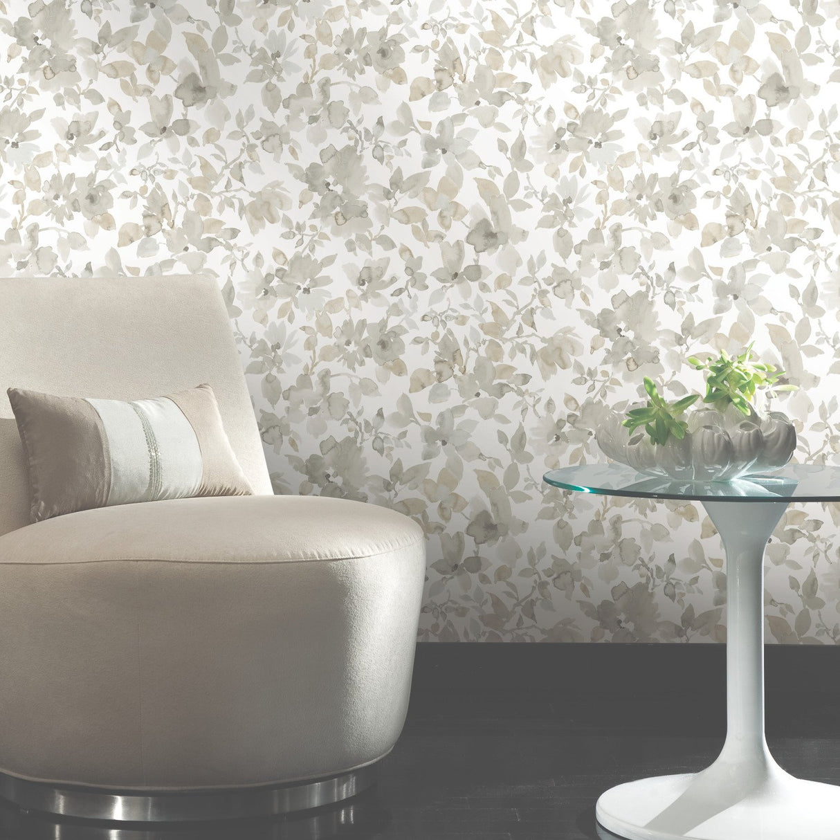 Watercolor Floral Tan Peel & Stick Wallpaper with Botanical Floral Pattern, Transitional Style - York RMK11235WP