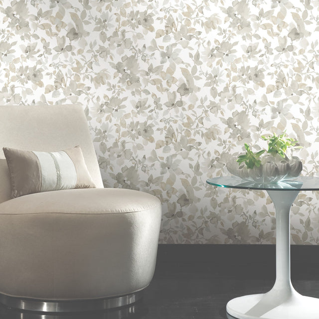 Watercolor Floral Tan Peel & Stick Wallpaper with Botanical Floral Pattern, Transitional Style - York RMK11235WP