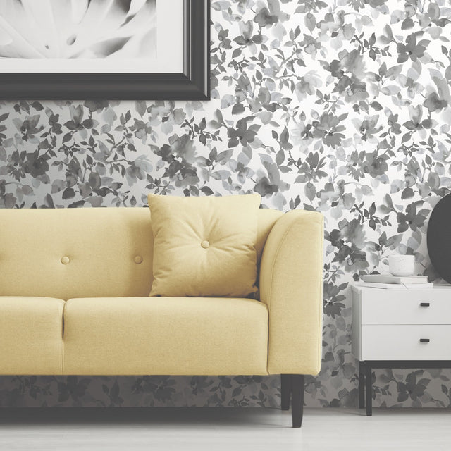 Watercolor Floral Black Peel & Stick Wallpaper with Botanical Floral Pattern - York RMK11236WP