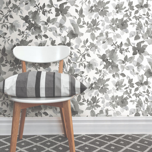 Watercolor Floral Black Peel & Stick Wallpaper with Botanical Floral Pattern - York RMK11236WP