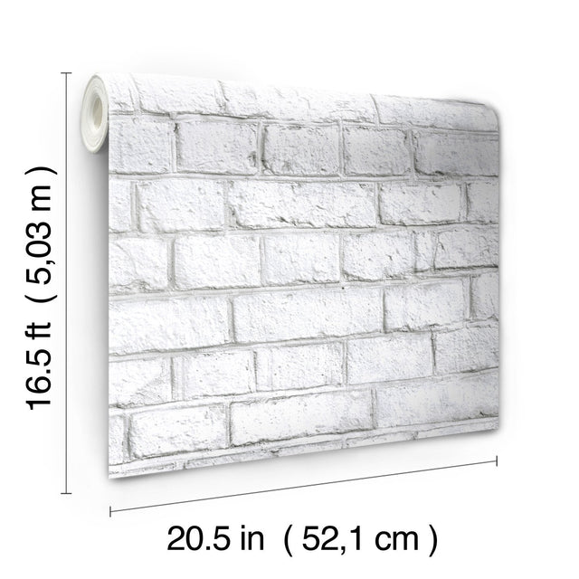 White Brick White Peel & Stick Wallpaper with Realistic Brick Pattern, Industrial Style - York RMK11237WP