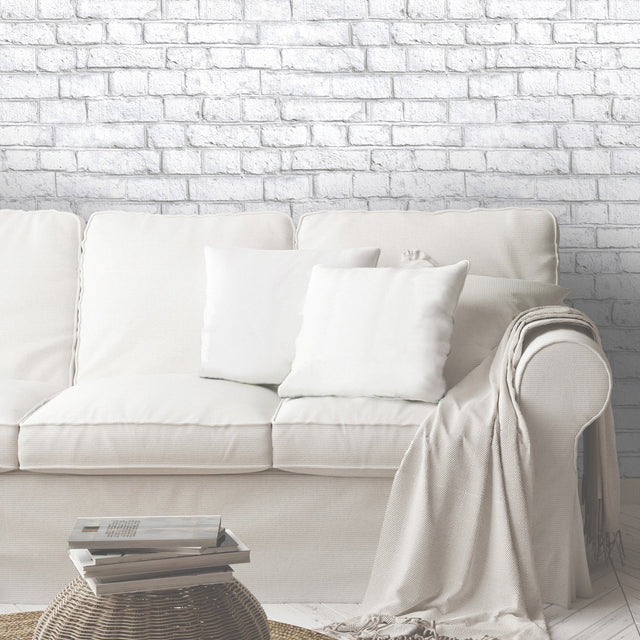 White Brick White Peel & Stick Wallpaper with Realistic Brick Pattern, Industrial Style - York RMK11237WP