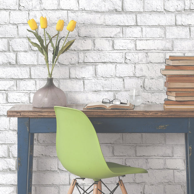 White Brick White Peel & Stick Wallpaper with Realistic Brick Pattern, Industrial Style - York RMK11237WP