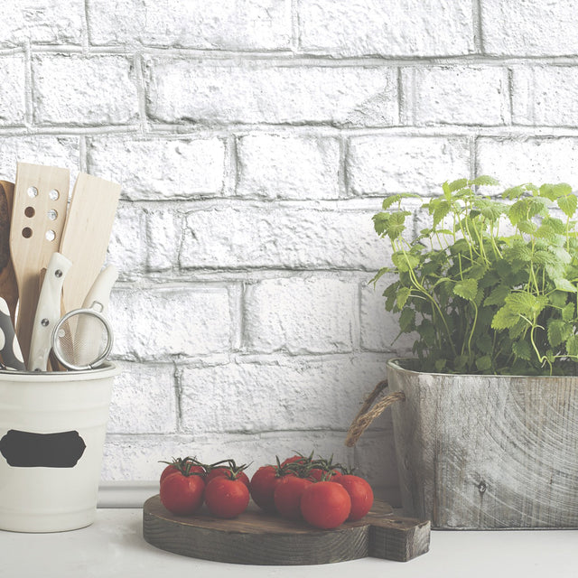 White Brick White Peel & Stick Wallpaper with Realistic Brick Pattern, Industrial Style - York RMK11237WP