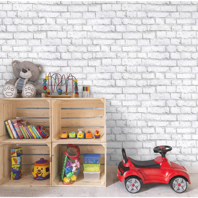 White Brick White Peel & Stick Wallpaper with Realistic Brick Pattern, Industrial Style - York RMK11237WP